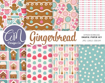Gingerbread Digital Paper, Pink Christmas Seamless Pattern, Holiday Cookie Scrapbook Paper, Pastel Background, Commercial Use