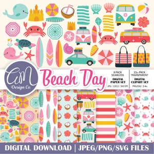 May include: A digital clipart set with a beach theme. The set includes 33 individual images of various beach-related items, such as a surfboard, a beach umbrella, a beach bag, a seashell, a starfish, a crab, a whale, a turtle, a coconut, a sandcastle, a beach towel, a beach car, and a beach van. The images are in a bright and colorful cartoon style. The set also includes 8 seamless digital paper patterns with beach themes.