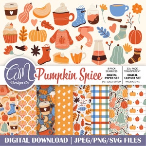 Pumpkin Spice Digital Paper and Clipart Set, Autumn Seamless Pattern, Fall Background, Floral Pumpkin, Commercial Use, png svg jpeg