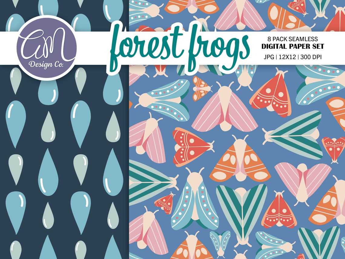 Spring Cute Frog Digital Paper, Mushroom Seamless Pattern, Cottage Core ...