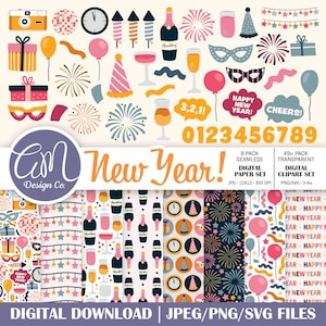 Ensemble papier numérique et des cliparts nouvel an, modèle sans couture de fête des fêtes du nouvel an, agenda numérique, usage commercial, png svg jpeg