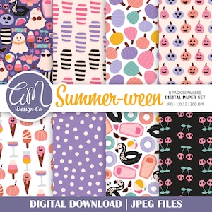 May include: An 8-pack seamless digital paper set with a "Summer-ween" theme. The patterns include ghosts, pumpkins, ice cream, polka dots, and other summer and Halloween-themed graphics. The image includes the text "Digital Download | JPEG Files".