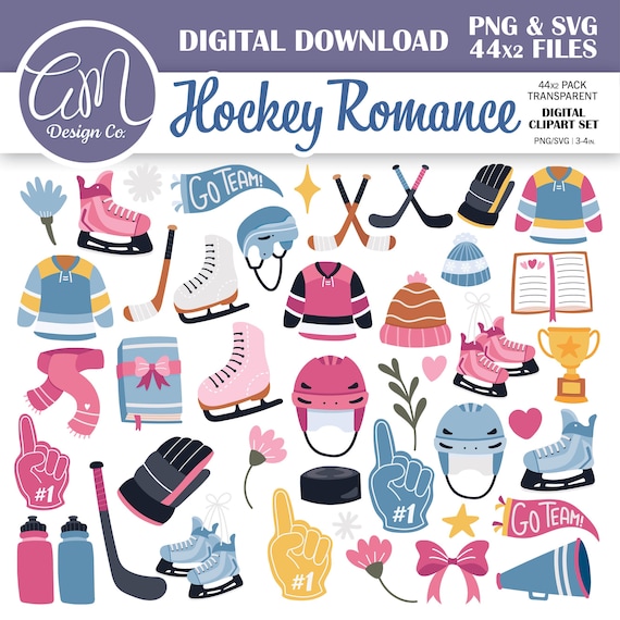 Hand Drawn Hockey Romance Clipart Bundle, Bookish Winter Sports Graphics (Commercial Use PNG SVG)
