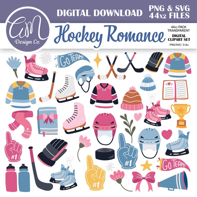 May include: Digital clipart set titled "Hockey Romance" with various hockey-themed illustrations. Includes hockey jerseys, skates, helmets, pucks, gloves, and other related items in pink, blue, and yellow. The image also contains the text "Digital Download" and "PNG & SVG 44x2 FILES".