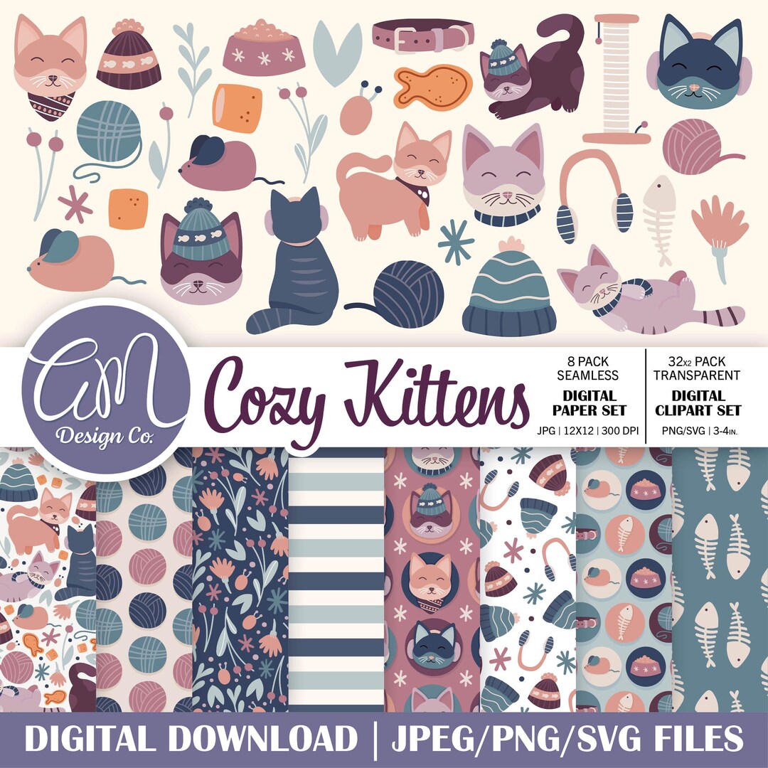 Winter Cat Digital Paper and Clipart Set, Holiday Kitten Seamless ...