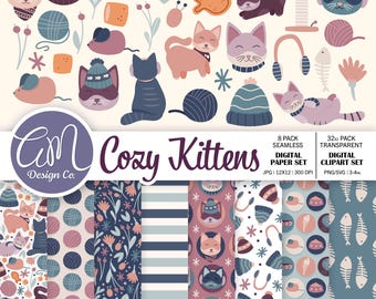 May include: A digital paper pack and clipart set featuring cute illustrations of kittens wearing winter hats and scarves. The illustrations are in a cozy, pastel color palette of pink, blue, and white. The set includes 8 seamless digital paper patterns and 32 transparent clipart images. The text "Cozy Kittens" is featured in the center of the image.