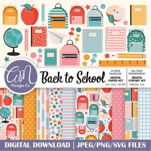 Back to School digitales Papier und Clipart Set, Lehrer Clipart, Klassenzimmer Dekor nahtlose Muster, Apple, kommerzielle Nutzung, png svg jpeg