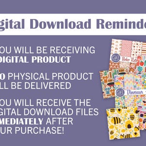 May include: Image of digital paper packs with various patterns, including floral, geometric, and themed designs. Text on the image reads "Digital Download Reminder!" and explains that the product is digital and will be available immediately after purchase.