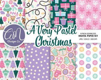 Pastel Christmas Digital Paper, Pink Christmas Seamless Pattern, Winter Holiday Scrapbook Paper, Snowflake Background, Commercial Use