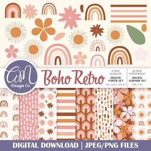 Boho Digital Paper, Groovy Retro Seamless Pattern, Summer Scrapbook Paper, Summer Boho Retro Clipart, Digital Stickers, 70s Groovy Rainbow