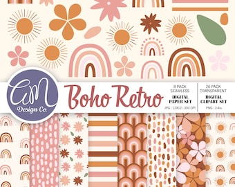 May include: A digital paper pack and clipart set with a boho retro theme. The set includes 8 seamless digital papers in JPG format and 26 transparent PNG clipart images. The designs feature rainbows, suns, flowers, and geometric patterns in shades of pink, orange, brown, and white.
