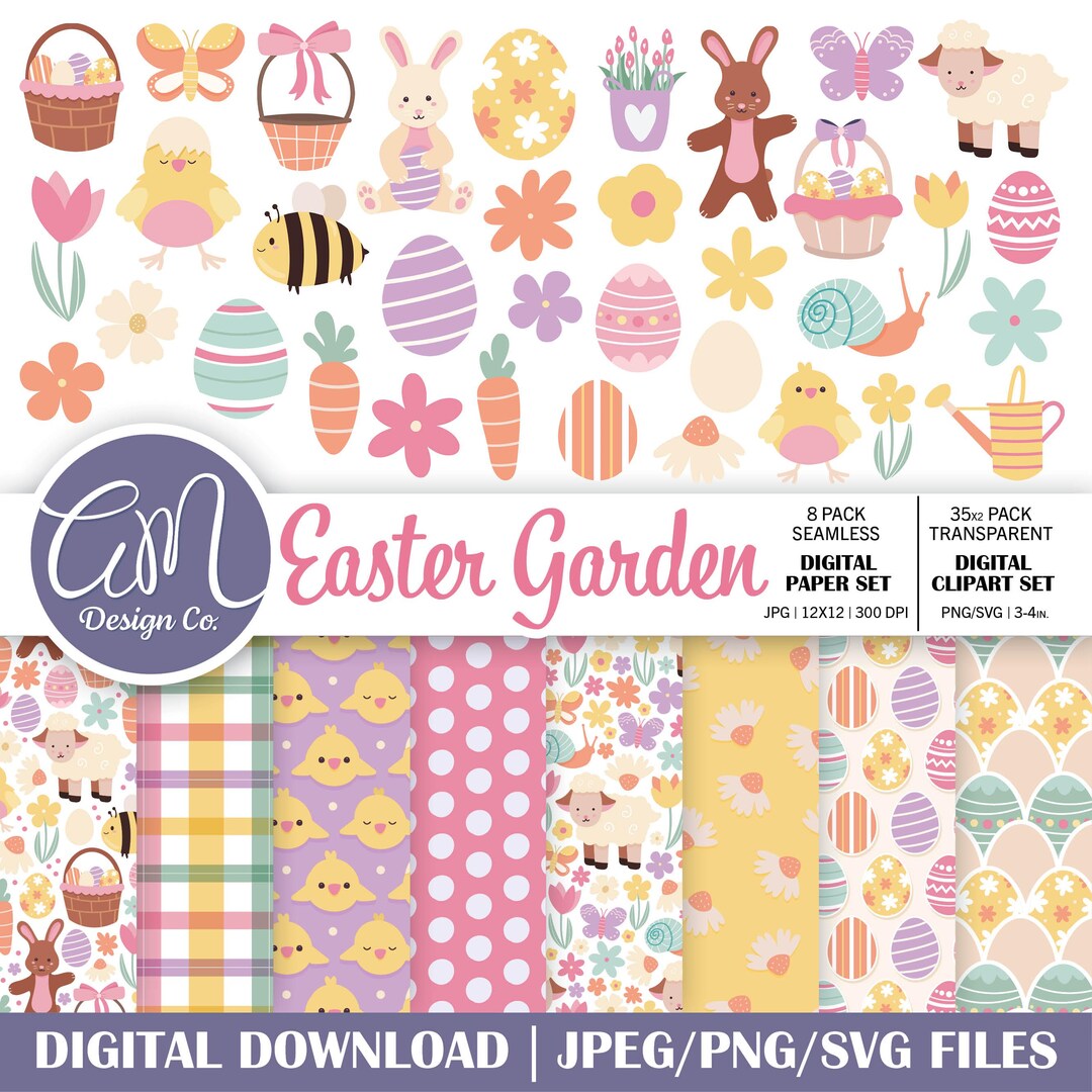 Easter Digital Paper and Clipart Set, Spring Garden Seamless Pattern ...