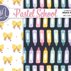 May include: Digital paper set with a school theme. The design includes patterns of yellow bows with pencils, and colorful crayons on a dark background. The words "Pastel School" are in pink script.