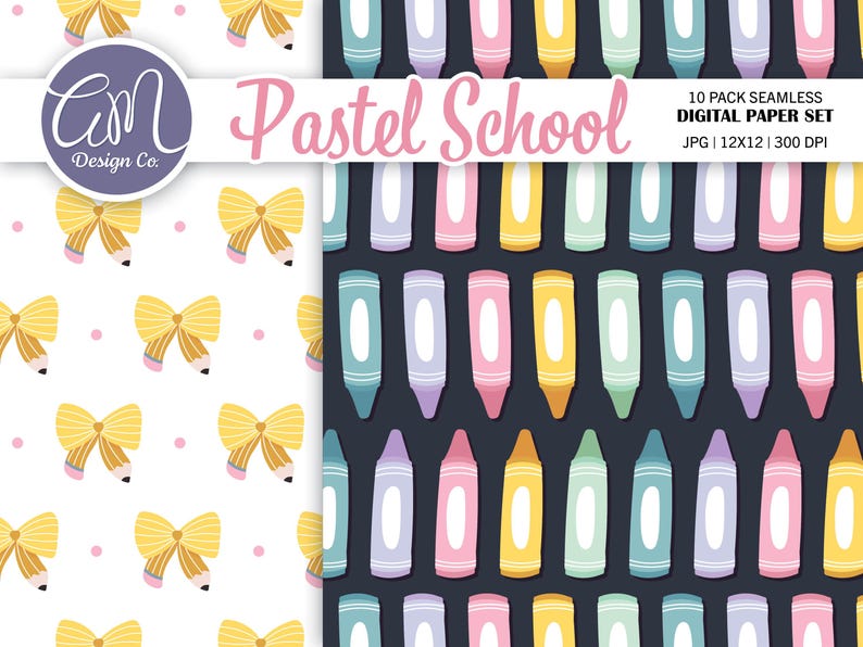 May include: Digital paper set with a school theme. The design includes patterns of yellow bows with pencils, and colorful crayons on a dark background. The words "Pastel School" are in pink script.