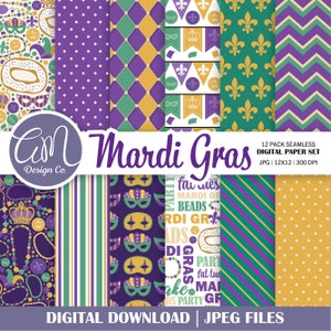 Mardi Gras Digital Paper, Louisiana Fat Tuesday Seamless Pattern, Carnival Masquerade Scrapbook Paper, Violet, Or, Vert, Utilisation commerciale