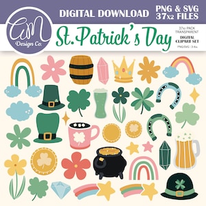 Lot de cliparts de la Saint-Patrick, clipart trèfle irlandais, trèfle porte-bonheur numérique pour carte de vœux ou invitation, printemps, usage commercial, svg png