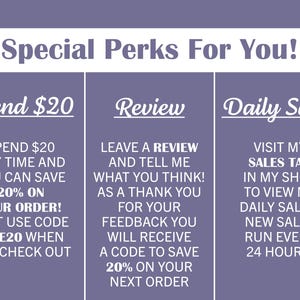May include: A purple graphic with white text that reads "Special Perks For You!" and details on how to save 20% on orders, leave a review for a discount, and view daily sales.