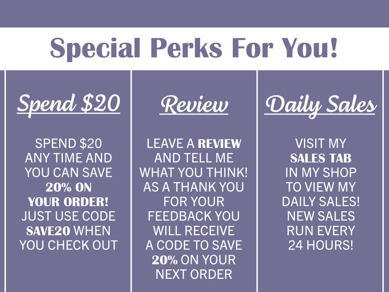 May include: A purple graphic with white text that reads "Special Perks For You!" and details on how to save 20% on orders, leave a review for a discount, and view daily sales.