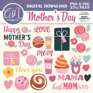 Pacote de clipart do dia das mães, clipart para mamãe, mamãe ou vovó, primeiro dia das mães, flores, corações, maternidade, uso comercial, png svg