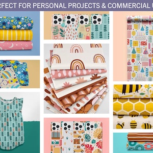 May include: A collection of patterned fabrics and phone cases. The fabrics feature designs like stars, rainbows, and bees. Phone cases display floral and travel-themed patterns. The image also includes a baby romper.