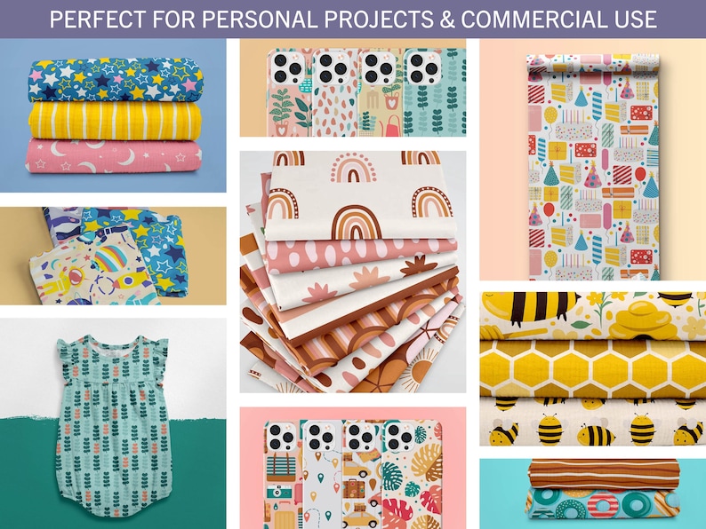 May include: A collection of patterned fabrics and phone cases. The fabrics feature designs like stars, rainbows, and bees. Phone cases display floral and travel-themed patterns. The image also includes a baby romper.