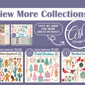 May include: Four digital Christmas clip art collections featuring vintage, pastel, western gingerbread, and woodland cardinal themes. Each collection includes PNG and SVG files for digital download.