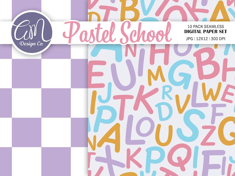 May include: Digital paper set with a pastel school theme. The design includes a checkerboard pattern and a pattern of colorful letters. The text "Pastel School" is displayed in pink script. The set includes 10 seamless digital papers.