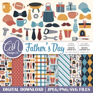 Ensemble papier numérique et clipart fête des pères, beau-père ou grand-père, modèle sans couture, fond à carreaux vacances, usage commercial, png svg jpeg