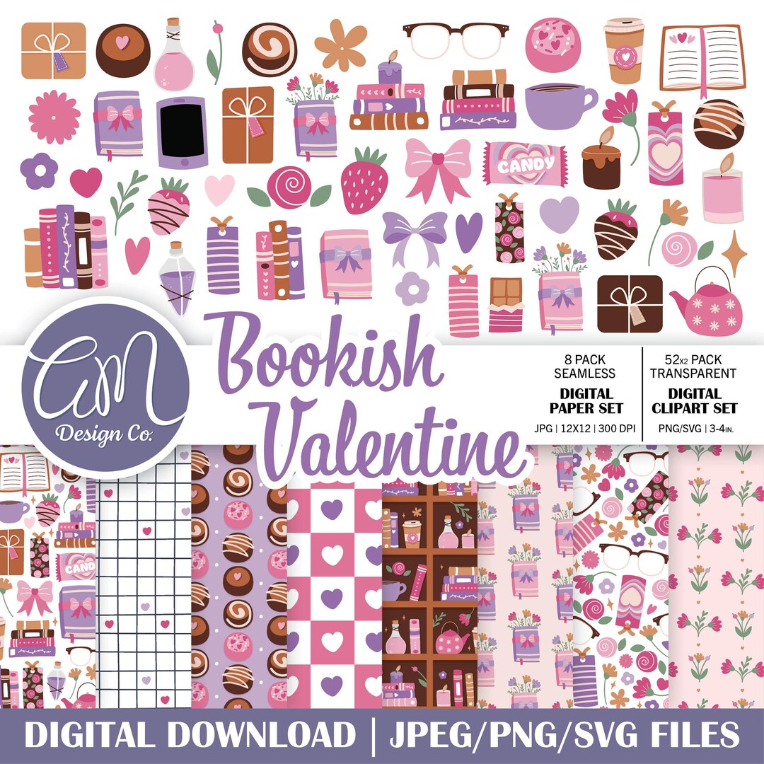Hand Drawn Bookish Valentine Clipart & Digital Paper, Pastel Light ...