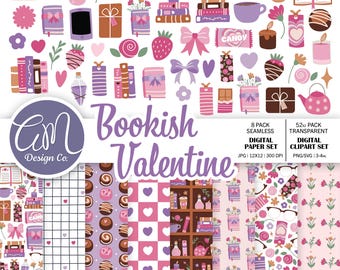 Hand Drawn Bookish Valentine Clipart & Digital Paper, Pastel Light Academia Seamless Patterns, (Commercial Use PNG, SVG, JPEG)
