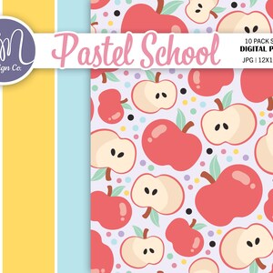 May include: Digital paper set with a pastel school theme. The design features a repeating pattern of red and cream-colored apples with green leaves on a light purple background. The words "Pastel School" are in pink script.