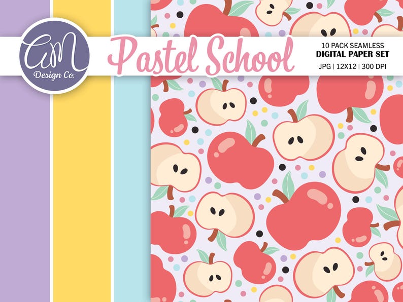 May include: Digital paper set with a pastel school theme. The design features a repeating pattern of red and cream-colored apples with green leaves on a light purple background. The words "Pastel School" are in pink script.