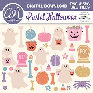Pastel Halloween Clipart Set, Pink Ghost Clipart, Cute Digital Stickers, Pumpkin Spider Candy Corn, Commercial Use, PNG SVG Files
