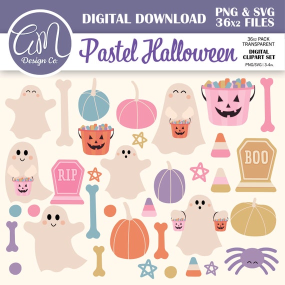 Pastel Halloween Clipart Set, Pink Ghost Clipart, Cute Digital Stickers, Pumpkin Spider Candy Corn, Commercial Use, PNG SVG Files