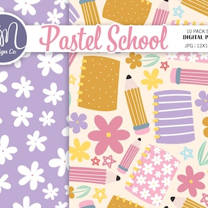 May include: A digital paper set with a pastel school theme. The design includes floral patterns, notebooks, pencils, and stars. The color palette features soft pinks, yellows, purples, and white. The set includes 10 seamless digital papers, each 12x12 inches.
