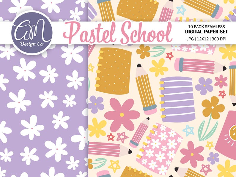 May include: A digital paper set with a pastel school theme. The design includes floral patterns, notebooks, pencils, and stars. The color palette features soft pinks, yellows, purples, and white. The set includes 10 seamless digital papers, each 12x12 inches.