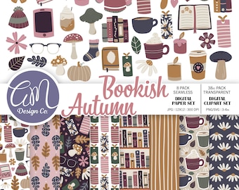 Hand Drawn Bookish Autumn Clipart & Digital Paper, Light Academia Seamless Patterns, (Commercial Use PNG, SVG, JPEG)