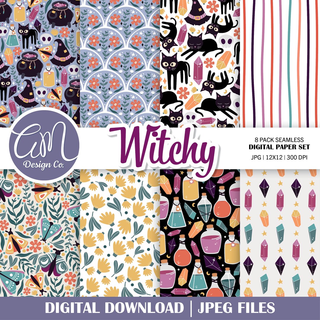 Witchy Halloween Digital Paper, Celestial Seamless Pattern, Magic ...