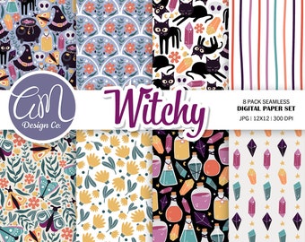 May include: A set of 8 digital paper designs featuring a witchy theme. The designs include black cats, potion bottles, crystals, flowers, and stars. The papers are seamless and perfect for crafting, scrapbooking, and other creative projects.