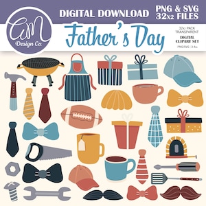 Bundle de cliparts fête des pères, clipart beau-père ou grand-père pour carte, cravates de vacances, outils, grillades, noeuds papillon, usage commercial, svg png
