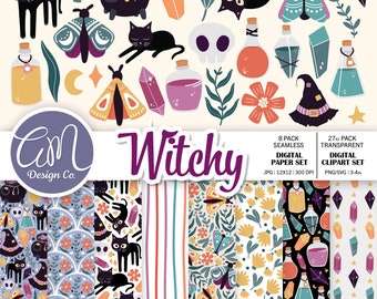 Pode incluir: Download digital com o tema "Witchy". A imagem inclui ilustrações de gatos pretos, frascos de poções, cristais, mariposas e um chapéu de bruxa. O conjunto inclui papéis digitais e arquivos de clipart sem costura nos formatos JPG, PNG e SVG.