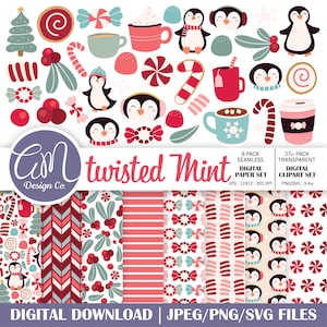 May include: A digital paper pack and clipart set featuring cute penguins, candy canes, and winter holiday themed patterns. The set includes 8 seamless digital paper patterns and 37 transparent clipart images. The digital paper patterns are 12x12 inches and 300 DPI. The clipart images are PNG and SVG files.