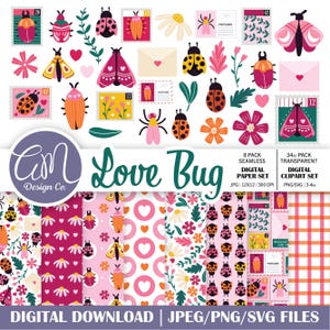Könnte beinhalten: Ein digitales Grafikset zum Herunterladen mit Illustrationen von Marienkäfern, Blumen und Briefmarken. Das Design umfasst verschiedene Muster und Cliparts mit dem Text "Love Bug" und "Digitaler Download".