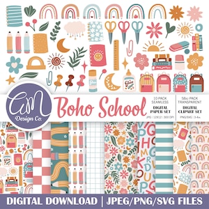May include: A digital download set with a "Boho School" theme, featuring school-related illustrations. The image includes pencils, notebooks, scissors, and backpacks in pastel pink, blue, and orange. The set contains digital paper and clipart, perfect for creative projects.