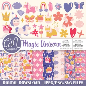 Magisches Einhorn Digital Papier und Clipart Set, Florales nahtloses Muster, Fantasie Hintergrund, Geburtstag einladen, kommerzielle Nutzung, png svg jpeg