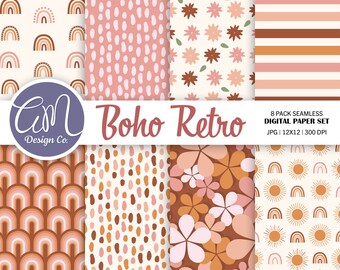 Digitaal bohopapier, groovy retro naadloos patroon, zomer plakboekpapier, hippiebloemen, regenbogen madeliefje, boho-achtergrond, commercieel gebruik