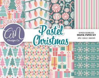 Pink Christmas Digital Paper, Pastel Seamless Pattern, Candy Cane Scrapbook Paper, Winter Holiday, Snowflake, Christmas Tree, Commercial Use