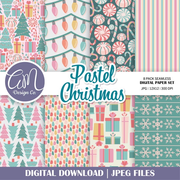 Pink Christmas Digital Paper, Pastel Seamless Pattern, Candy Cane Scrapbook Paper, Winter Holiday, Snowflake, Christmas Tree, Commercial Use