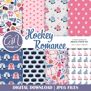 Papel digital con temática de hockey, dibujado a mano, con patrones sin costuras de deportes de invierno (uso comercial, JPEG de 12 x 12)