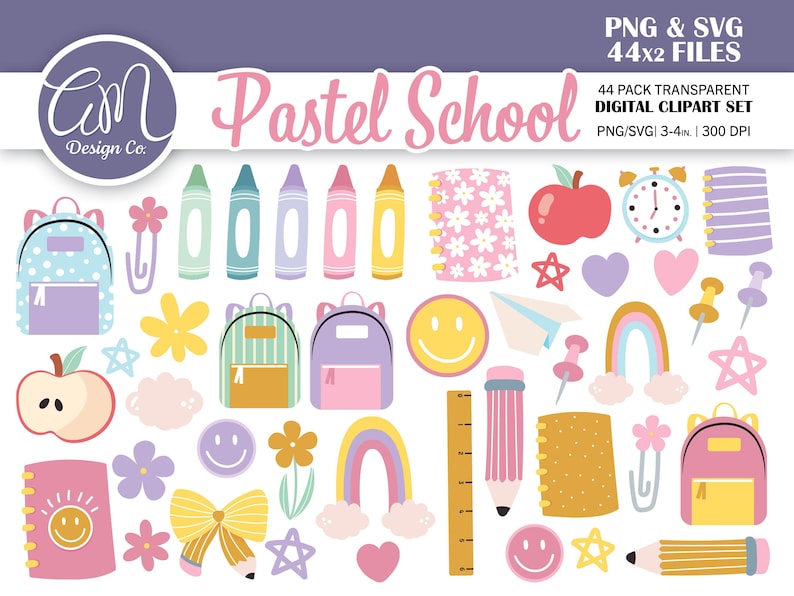 Pastel Back to School Seamless Pattern and Clipart Set, Cutecore ...